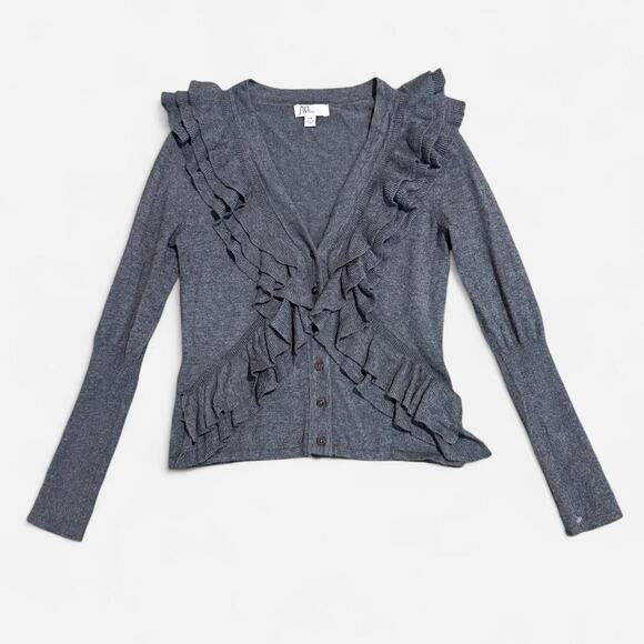 JW Petite Charcoal Grey Cotton Blend Ruffled Button Up Preppy Cardigan Top M - Picture 5 of 7